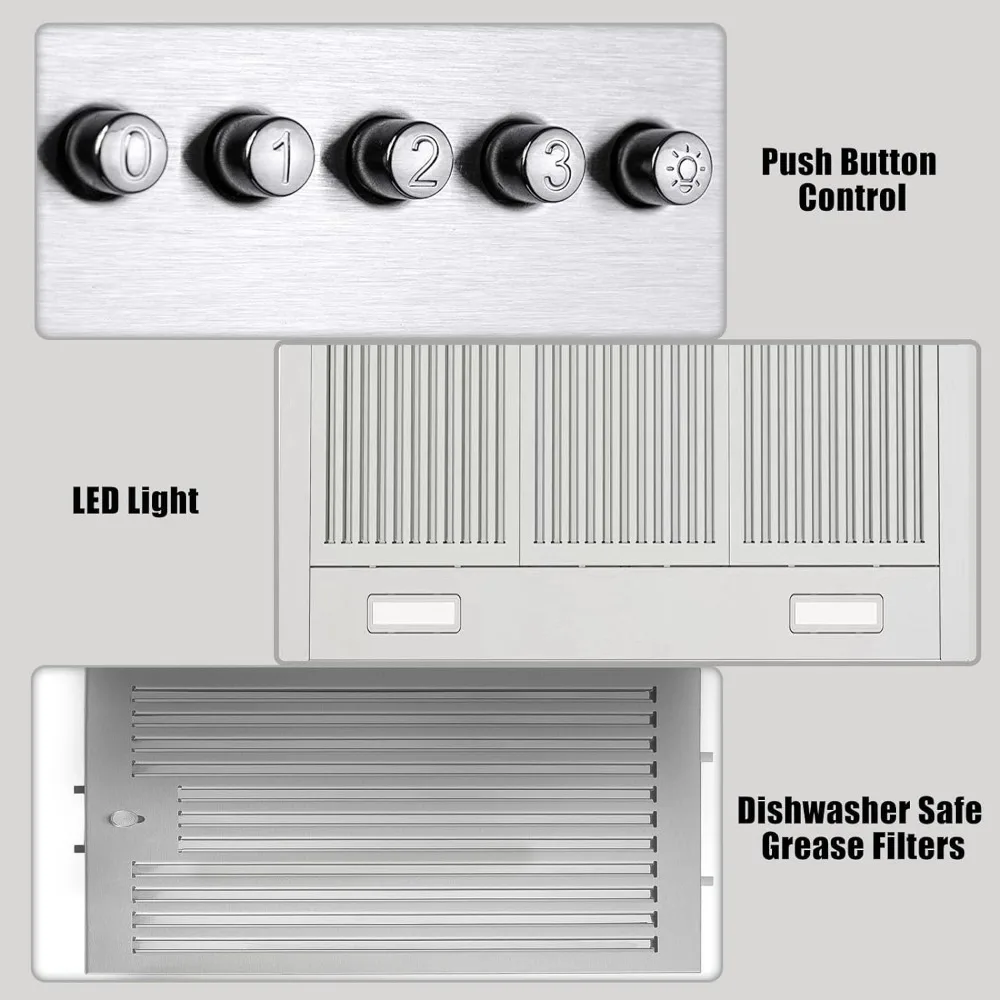 36 inch Range Hood, Wall Mounted Vent Hood in Stainless Steel, Ducted/Ductless Kitchen Hood w/Push Button Control