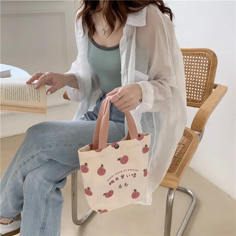 GCE4 Small Canvas Women Tote Food Bag Japanese Peach Hand Lunch Bag Korean Mini Student Handbags Cotton Cloth Picnic