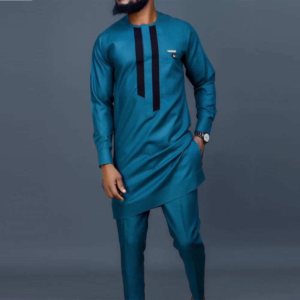 Kaftan Outfit Set Kaftan Elegant African Men's Set Long Sleeve Ethnic Top And Pants Full Luxury 2 Pieces Outfits Dashiki Solid Color Wedding Dress