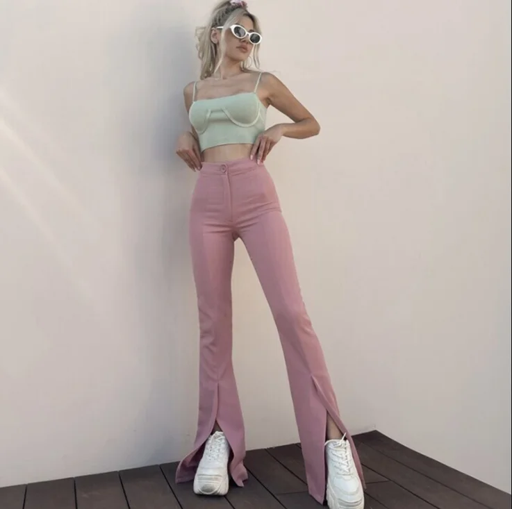 Vintage Long Flare Pants Women Korean Streetwear Sexy High Elastic Waist Trousers Lady Split pink orange Black Bell Bottom Long