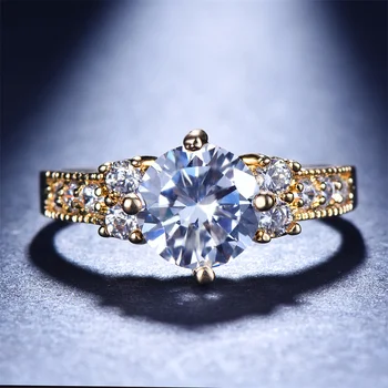 Shining White Zircon Round Stone Wedding Rings For Women Vintage Gold Color Engagement Band Luxury Crystal Jewelry Mother's Gift