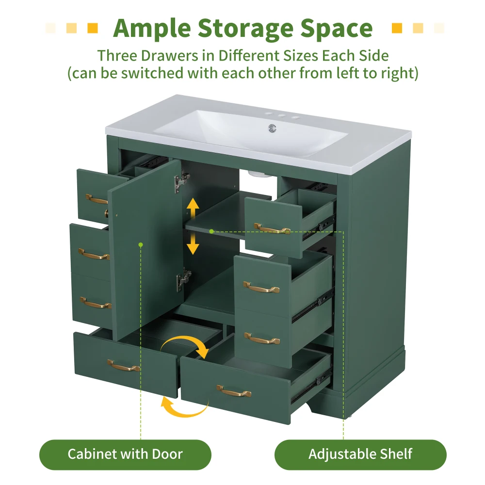 36" Bathroom Vanity Without Sink, Cabinet Base Only, Six Drawers, Multi-Functional Drawer Divider, Adjustable Shelf, Green 3