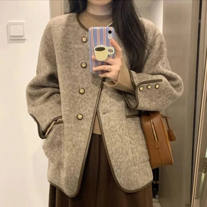 Wool Blend Coat for Women Short Plain Half Long Sleeve Elegant Mixtures Jacket Woman Fashion 2025 Winter Clothes Single Cheap - 5