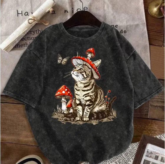 Y2K-Stil Sommer Hip-Hop T-Shirt mit Tanzender Katze und Sternen-Print Unisex Retro T-Shirt Top Locker Sitzende Sommer-Kurzarm-Shirts – Detail 8
