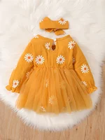 Newborn Baby Girl Romper Dress Long Sleeve Flowers Print Tulle Bodysuit Yellow Spring & Autumn Dress with Headband Clothes 2