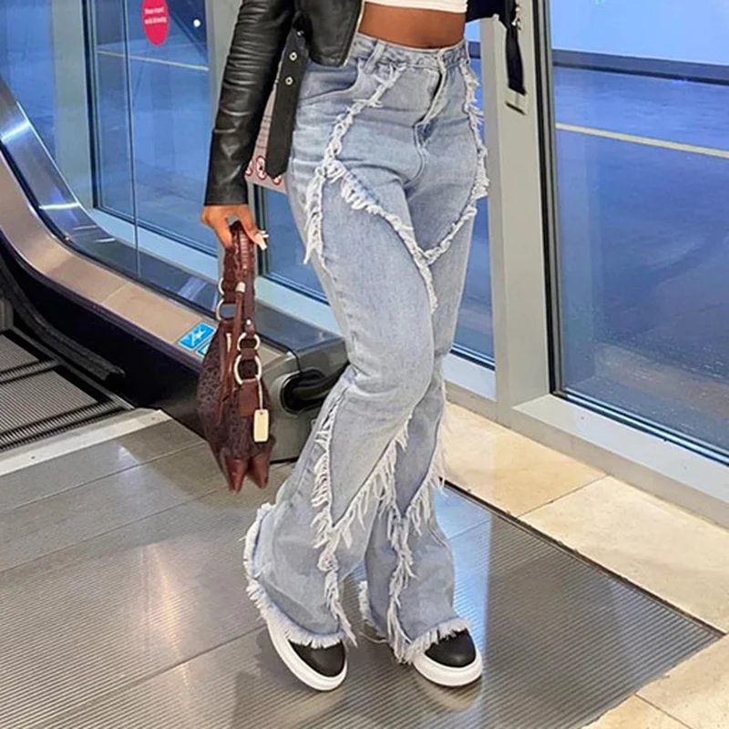 Zipper High Waist Clothes Loose Pants Retro Female Tassel Micro Flared Trousers Frayed Edging Ripped Hole Streetwear Denim Jeans