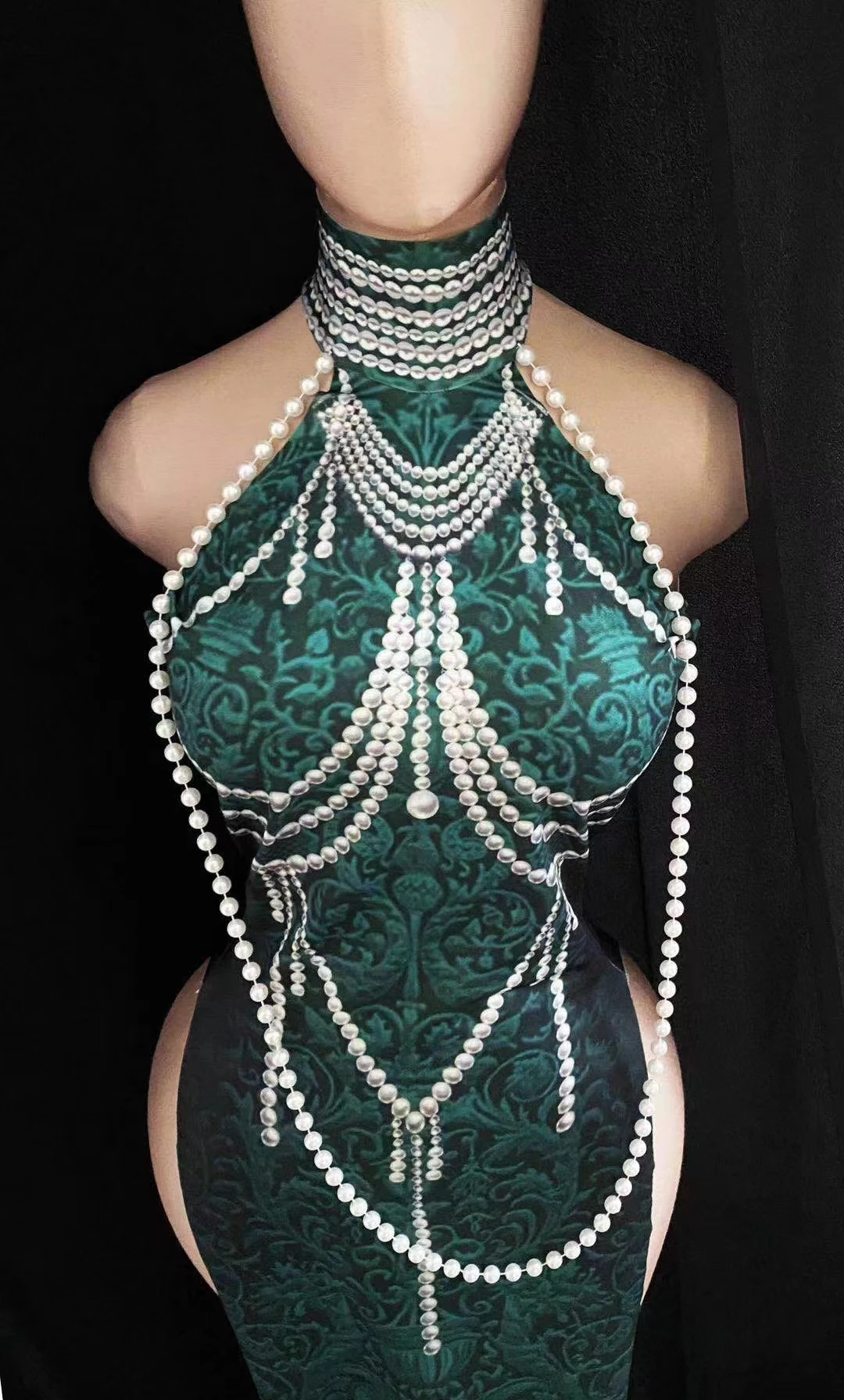 

Vintagelong dress gipao chain pearl 3DPrint high split green folk dance sleevelessPerformance stage outfit festival clothingB044