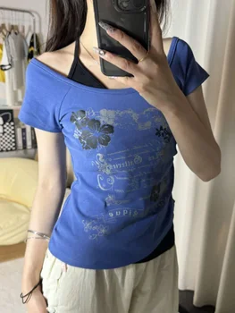 2025 الصيف خمر وهمية قطعتين الرسن الدانتيل يصل تي شيرت Y2k سليم صالح طباعة بلايز بلوزات غير مغطية للكتف قصيرة الأكمام تي شيرت 5