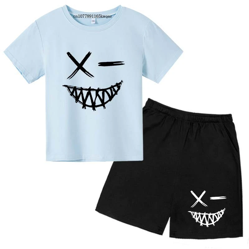 Kids Summer New Smiling Face Print 2pcs Breathable Tees + Shorts Sportsuits 2-13 Years Boys Girls Streetwear Outfits Children Sets
