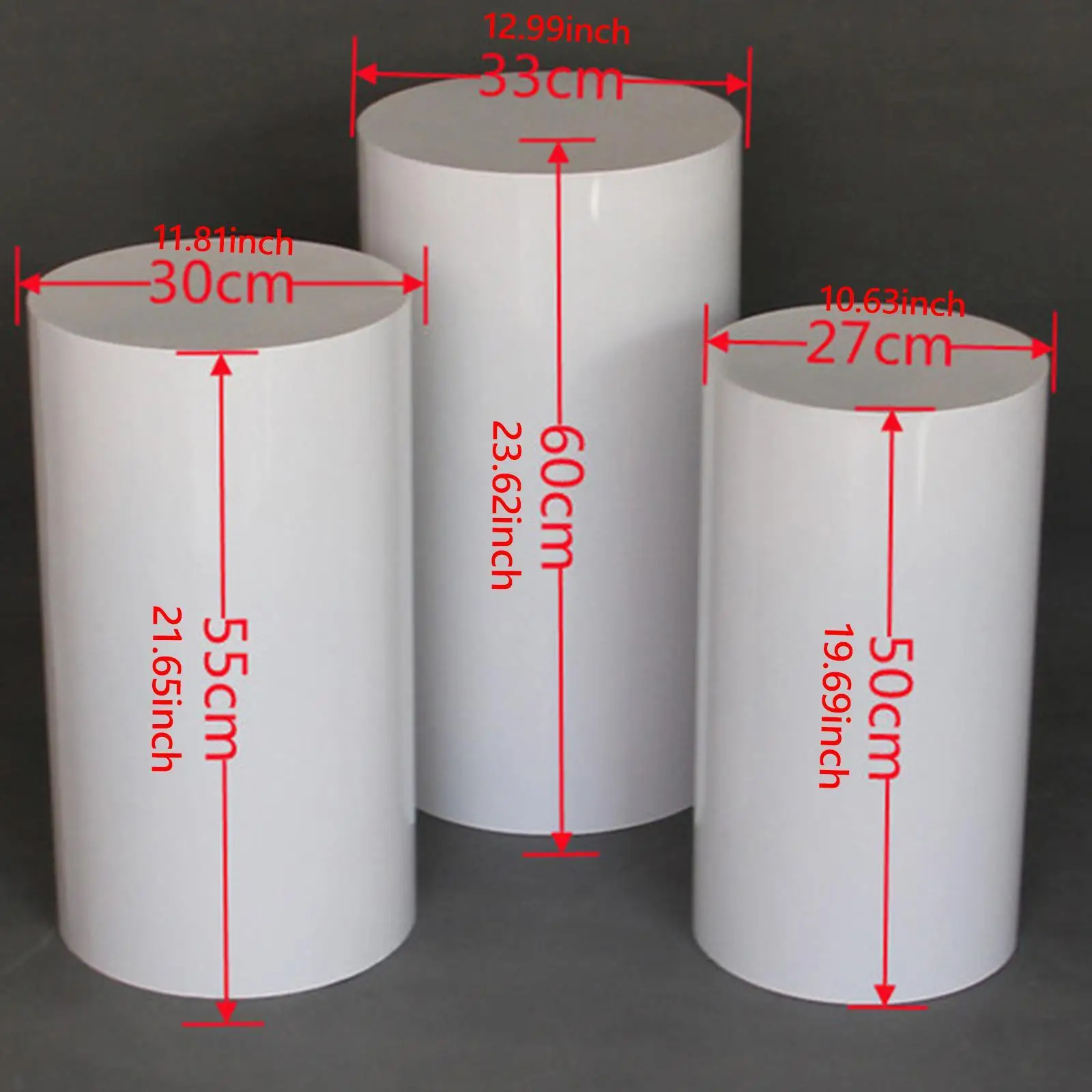 Set 3 Supporti Cilindrici Bianchi Per Feste – Altezze 90, 75, 60 Cm, Pilastri In PVC Per Decorazioni - 2
