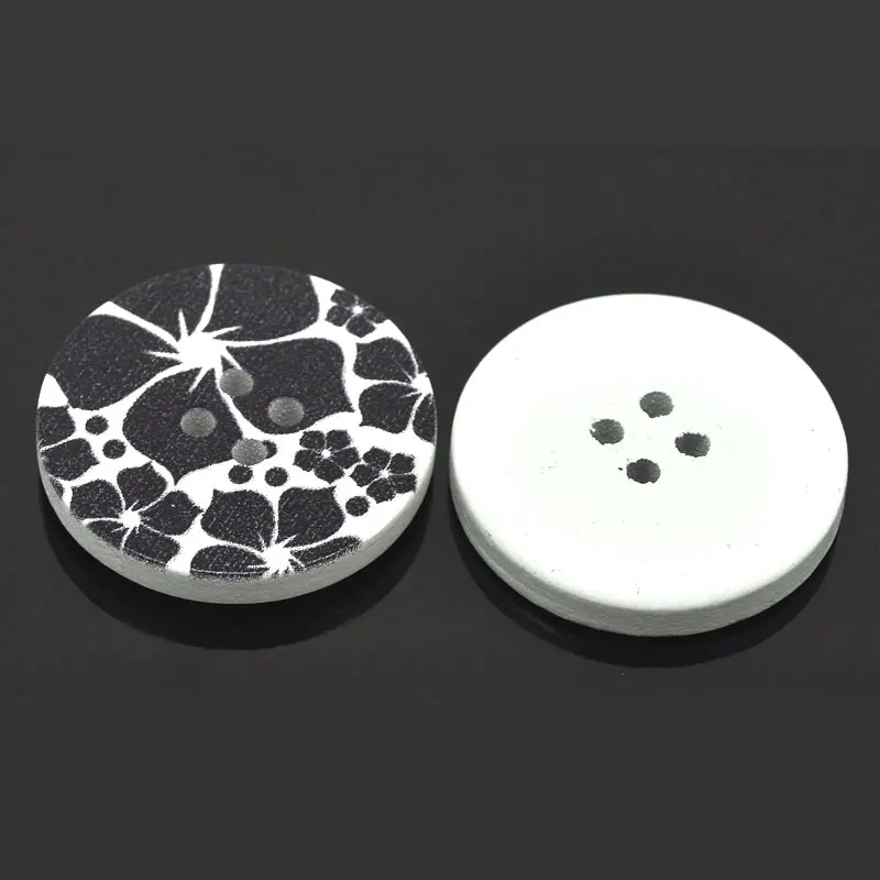 5pcs 3cm Natural Wood Buttons Scrapbooking 4 Holes Round Black Flower Pattern Sewing Buttons For DIY Clothing Sewing Accessories