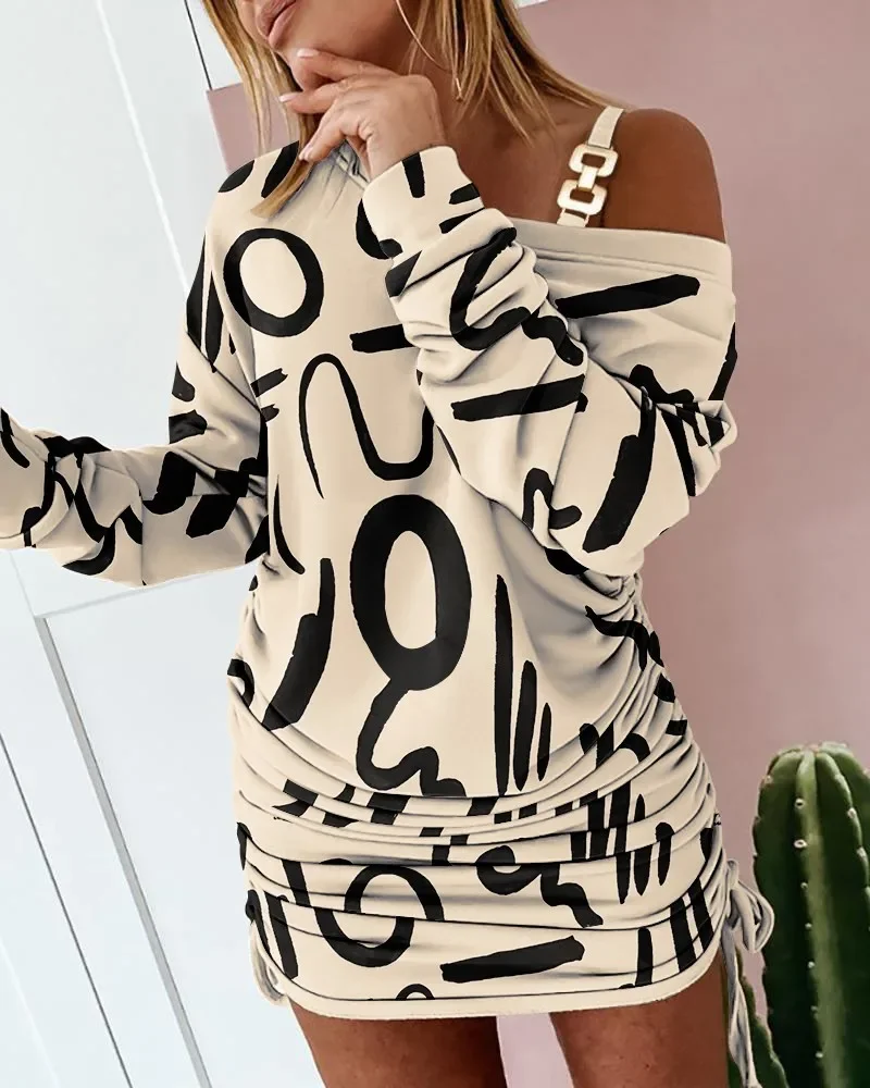 

Autumn Fashion Off Shoulder Print Dress Women Causal Stripe Print Sling Long Sleeve Mini Dress Women