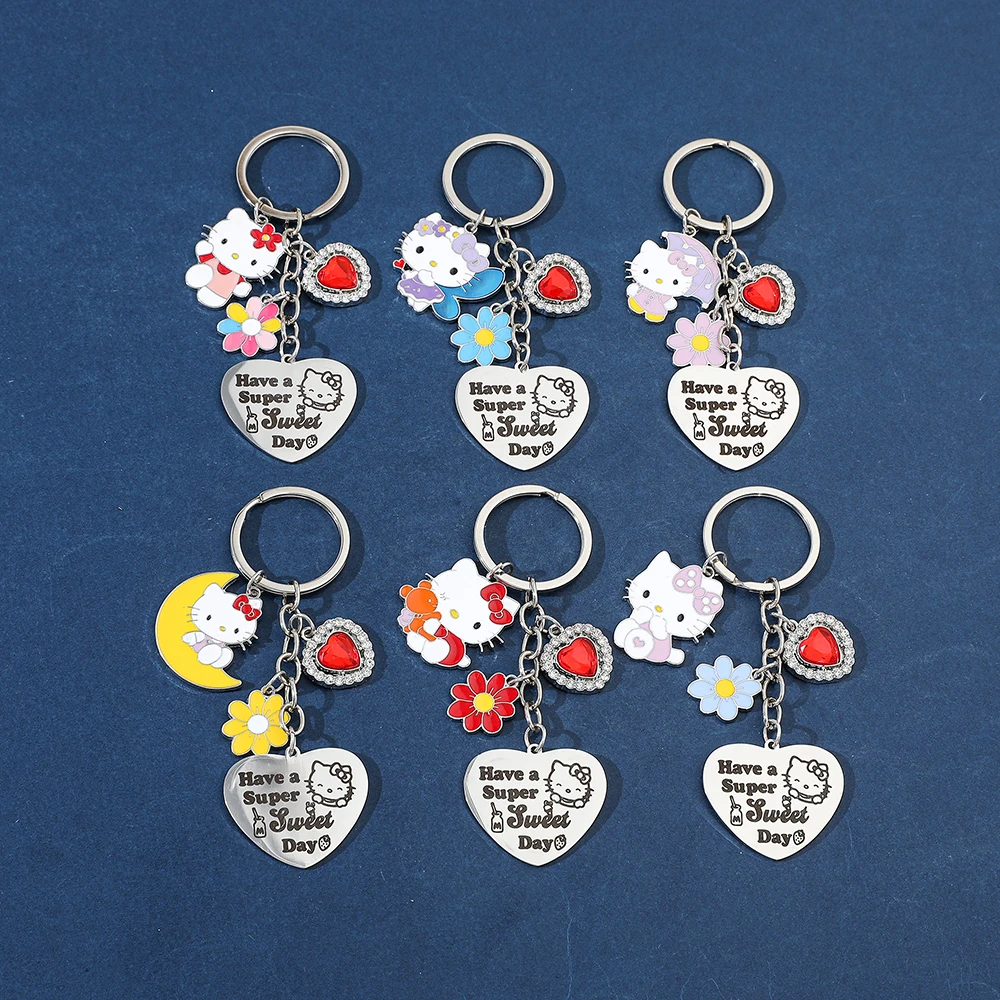 

Anime Sanrio Hello Kitty Keychain Y2k Stainless Pendant Keyring Heart Student Bag Kawaii Girl Accessories Friend Gift