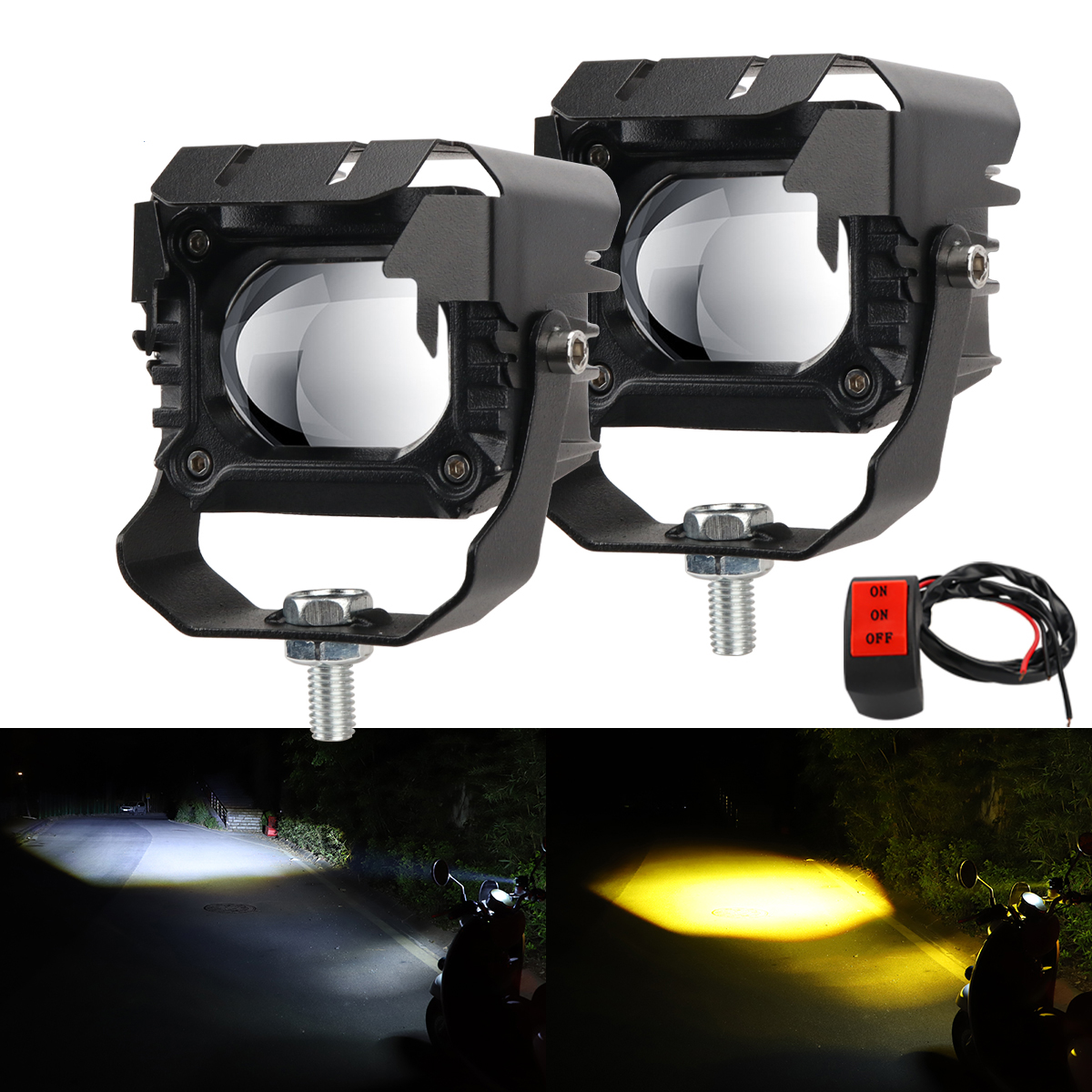 Motorcycle LED Lens Spotlight High Power Dual Color Hi Low Beam Headlight Fog Light for Motorbike Scooter Auxiliary Running Lamp