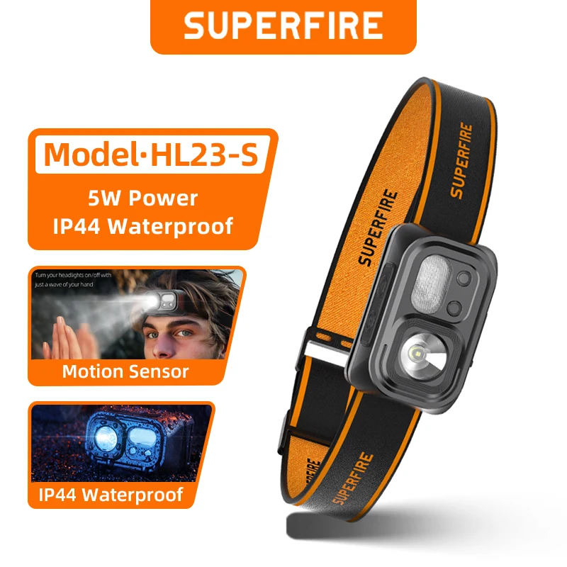 Lampe frontale SUPERFIRE HL23 LED puissante rechargeable Type-C induction pour pêche travail