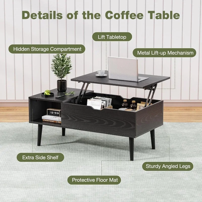 Wood Lift Top Coffee Table with Hidden Compartment and Large Storage Shelf, Lift Tabletop Dining Center Table 4
