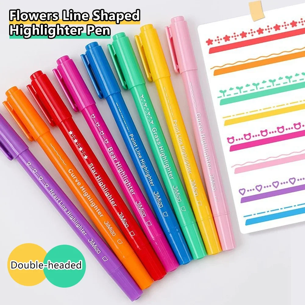 Kawaii Cartoon Flowers Line Shaped Highlighter Tape Pens Roller Tip Curve Liner Marker for Writing Journaling Drawing Stationery