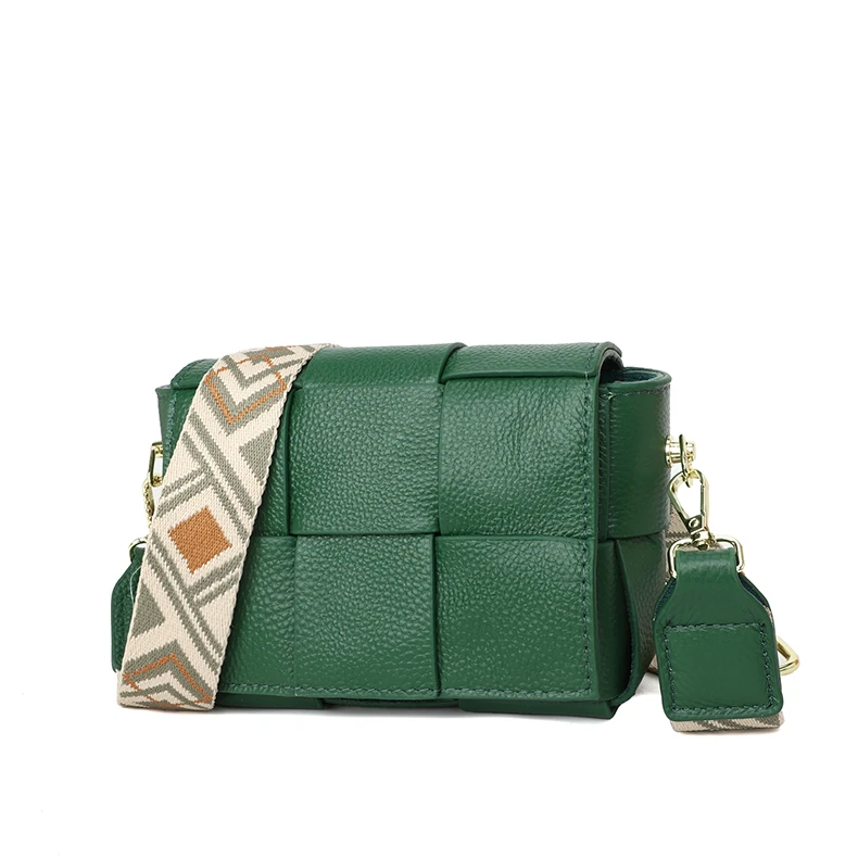 100% Cowhide Women's Shoulder Bags Genuine Leather Woven Crossbody Bags Wide Straps Messenger Bags Fashion Designer Brands Totes