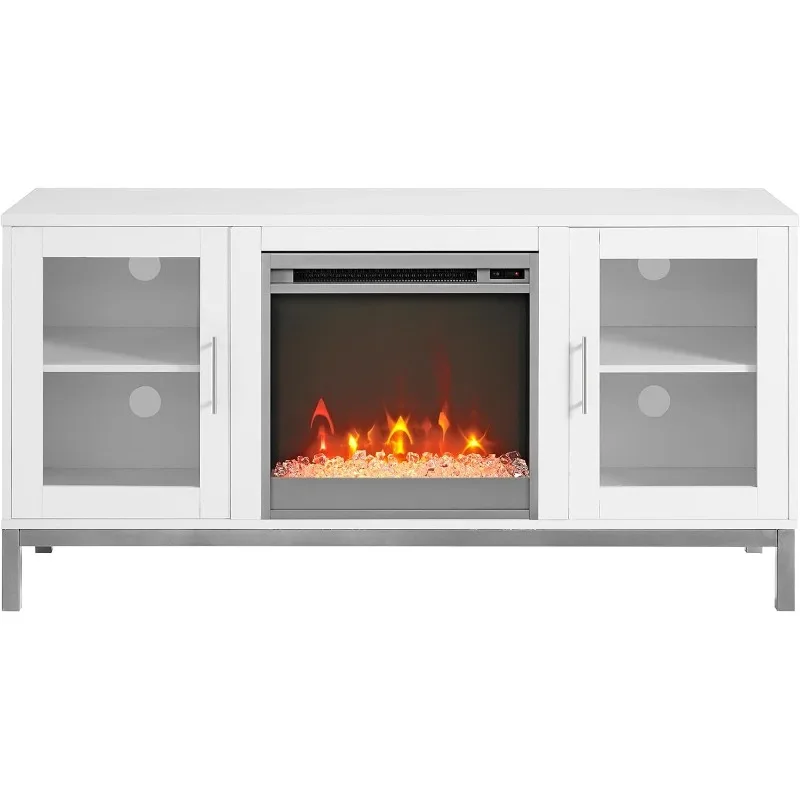 Griffith Contemporary Double Glass Door Fireplace TV Stand, 52 Inch, White