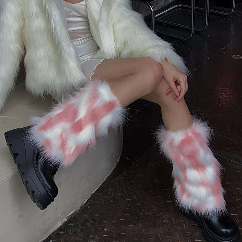 

Y2k Pink Faux Fur Leg Warmers Winter Warm Vintage Punk Girl Harajuku Furry Plush Boots Cover Socks Jk Hiphop Cosplay Accessories