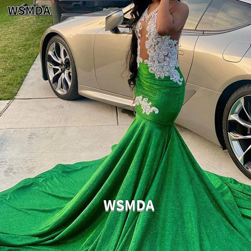 

Sequins White Lace Mermaid Prom Dress Sleeveless Backless Sweep Train Evening Gowns Formal Dress Women Elegant