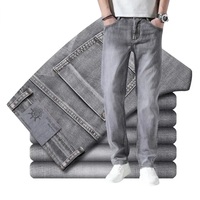 Cotton Stretch Jeans Business Casual Men's Thin Denim Jeans Grey Spring Summer Brand New Fit Straight Lightweight 1