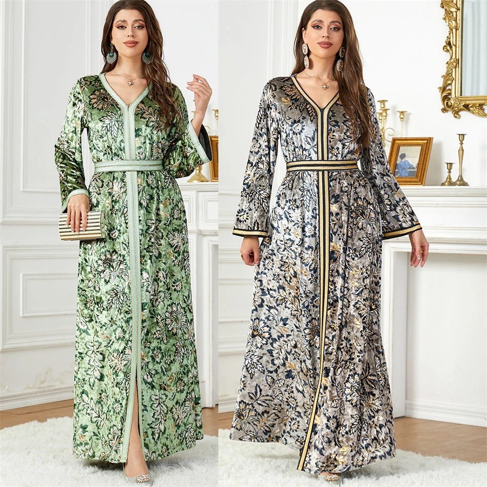 

2024 New Muslim Arabic Velvet Pakistani Turkey Dubai Abaya Print Long Sleeve Islamic Clothing Ramadan Women Modest Dress Winter