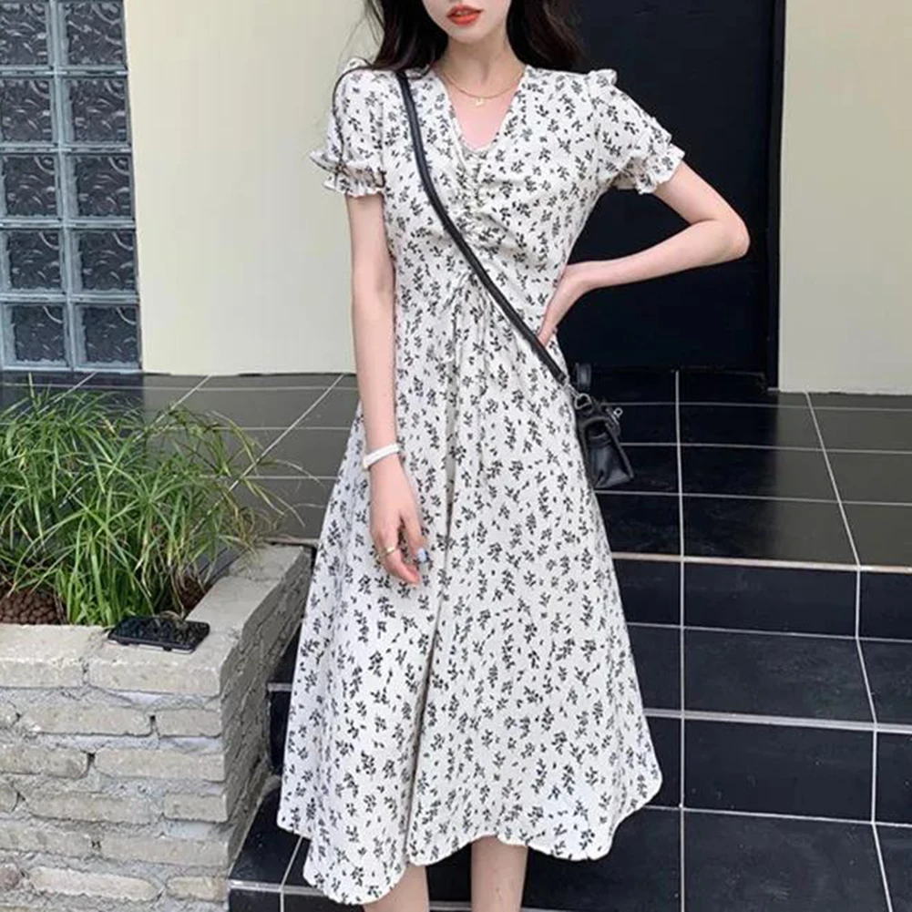 

Elegant Floral Print Midi Dresses For Women Summer New Vintage Fashion Slim Casual Birthday Party Lace-up Female Clothing