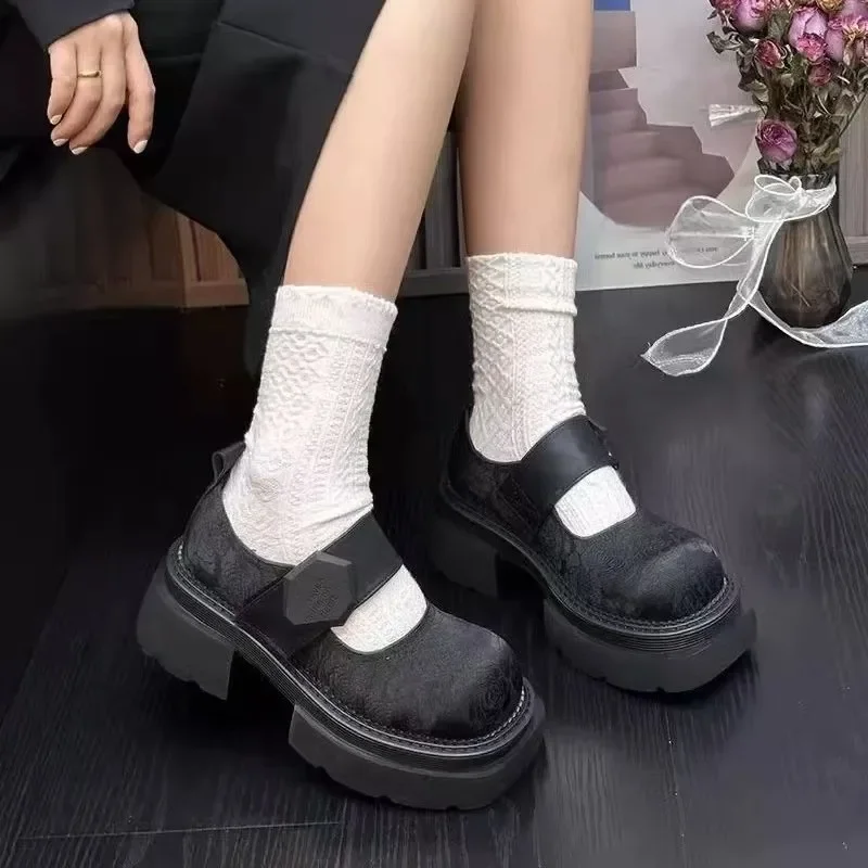 

2024 Girl New Platform Lefu Shoes Embroidered and Printed Round Toe Shallow Mouth Mary Jane Shoes Women's Thick Sole High Heels