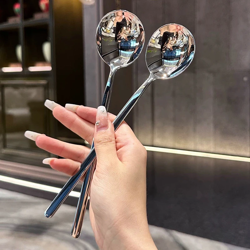 Stainless Steel Spoon Korean Long Handle Tableware Thicken Stirring Ice Spoon Meal Spoon Household Dinner Spoon