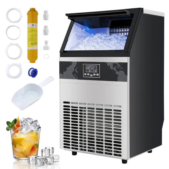 Machine à glaçons professionnelle sous comptoir, production quotidienne de 55/70 kg, bac de stockage de 15 kg, épaisseur réglable, minuterie numérique et nettoyage automatique, filtre intégré, en acier inoxydable pour usage commercial et domestique 1