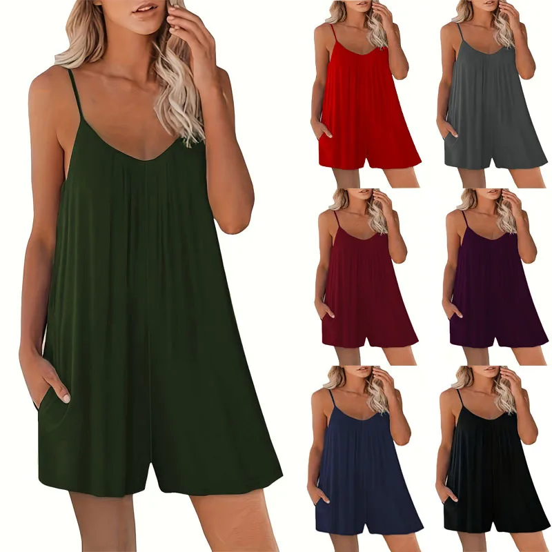 2026 Summer New Style European And American One-Piece Suit with Strap Casual Shorts Pure Color Loose with Pocket 1