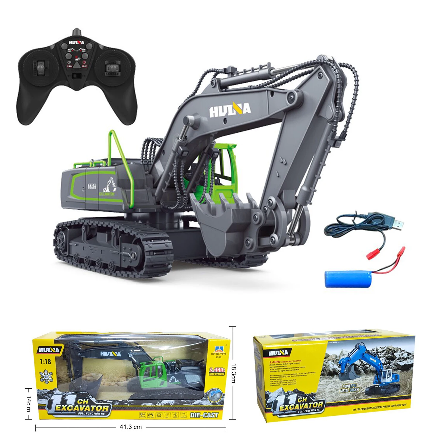 HUINA RC Excavator 1/18 11CH Rechargeable Remote Control Car 1558 Rotating Model Outdoor Toys with Light Kids Gifts TH20314 2
