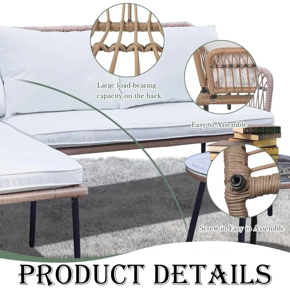 3 Pieces Patio Furniture Set, L-Shaped Outdoor Chaise Lounge Wicker Rope Boho Patio Bistro Set for Balcony,Poolside,Porch, White 6