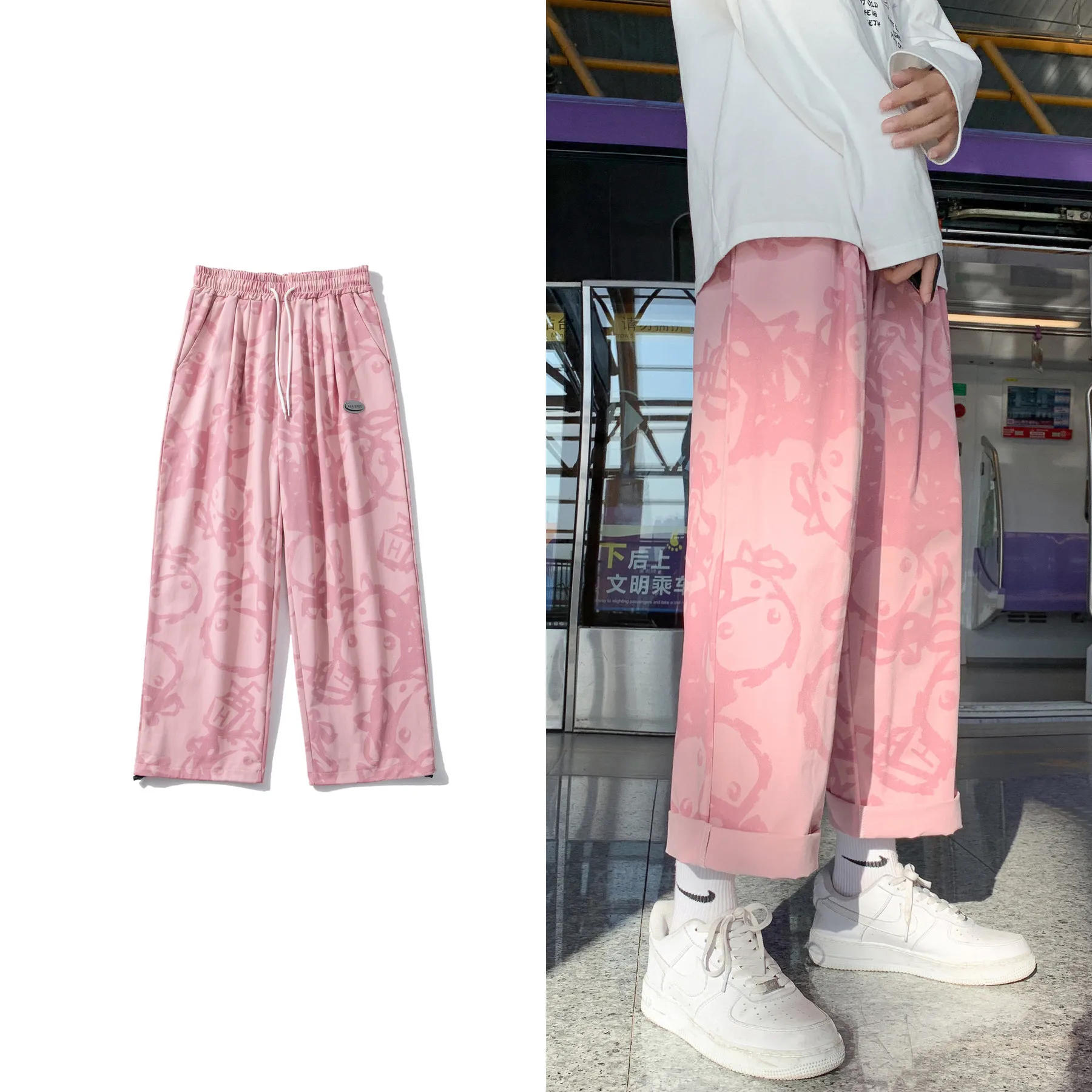 

2022 Men's Fashion Trend Casual Pants Cartoon Printing Straight Pants Baggy Male Elastic Waist 3 Color Trousers Plus Size M-4XL