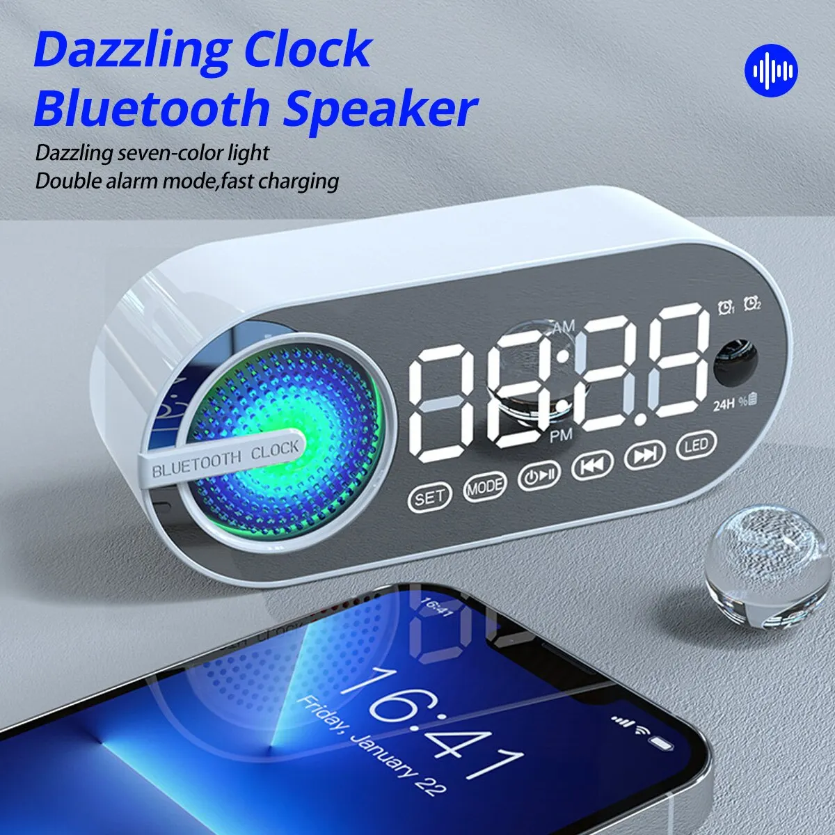 Quiet Wireless Bluetooth Speaker Alarm Clock RGB TWS USB LED Mirror