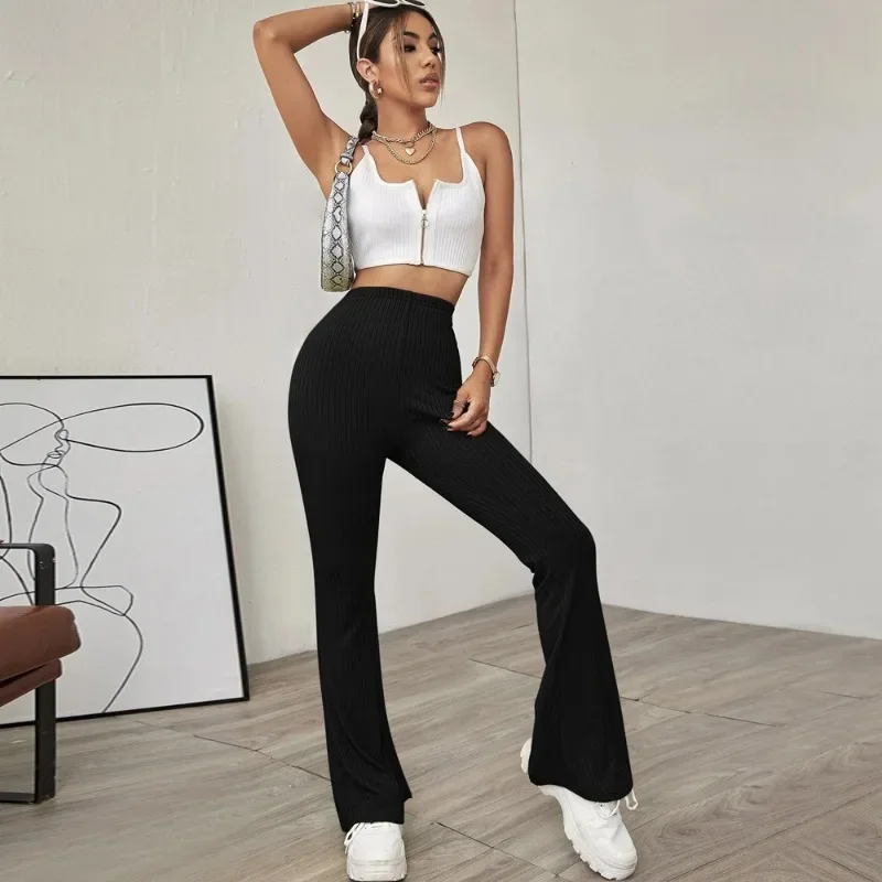 2024 Spring/Summer New Style High Waist Slimming High Waist Knitted Elastic Horn Casual Pants for Women's Leisure Sports YSQ12