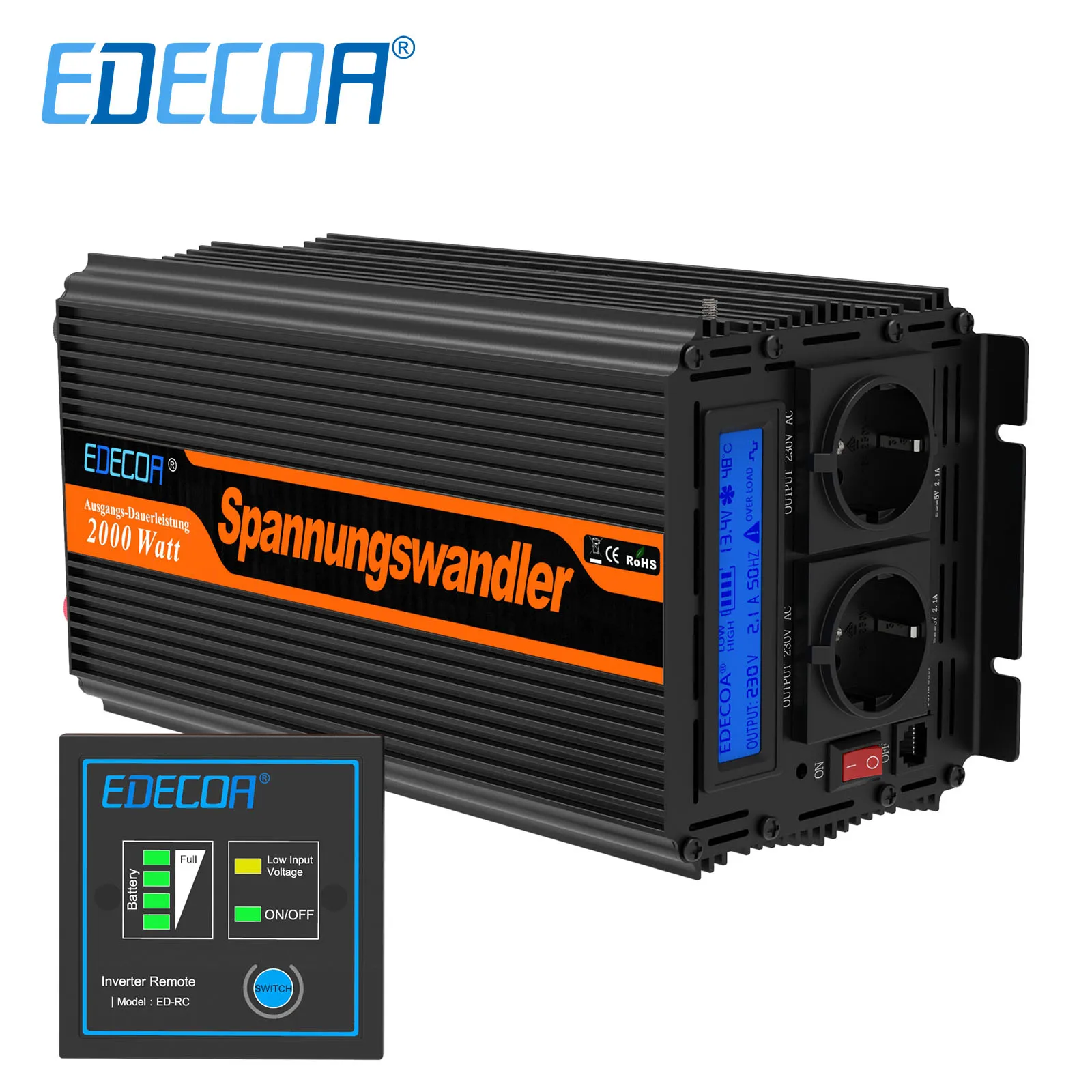 Edecoa 2000W Dc 12V A Ac 220V 230V Convertitore Inverter Sinusoidale Modificato 2Kw Trasformatore Off Grid Per Sistema Solare Auto Di Casa