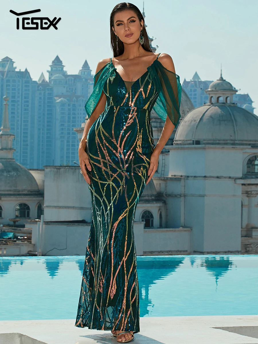 

Yesexy Women Summer Parti Dress Off Shoulder V Neck Mesh Sleeve Sequin Sexy Backless Bodycon Even Maxi Elegant Green Dress