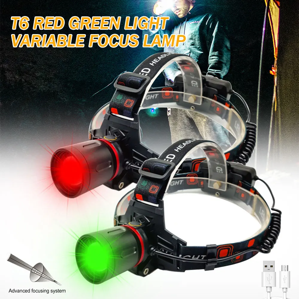 

D2 Green/Red/UV Led Head Light Headlamp Zoomable Head Lamp Torch 4 Modes Headlight USB Charging Fishing Hunting Camp Flashlight