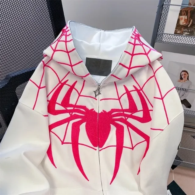 Hip Hop Men Hoodie Flocked Spider Hooded Coat Spring Autumn New Gothic Style Full Zip Up Hoodies Women y2k Sweatshirt 2