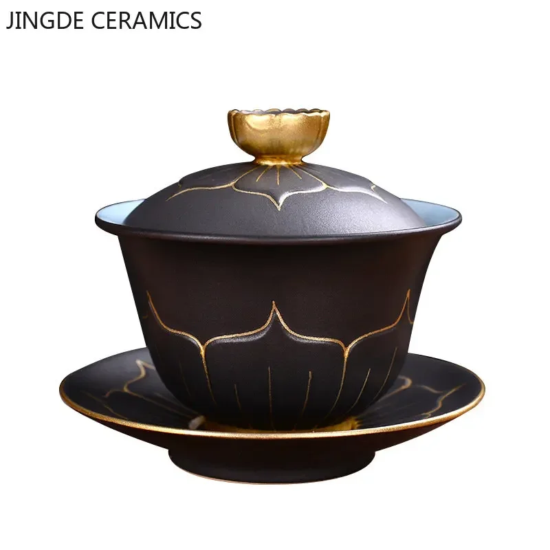 Chinese Style Ceramic Gaiwan Lotus Flower Tracing Gold Teacup Tea Bowl Household Retro Tea Set Handmade Infuser