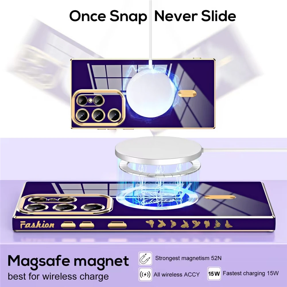 Luxusné galvanické magnetické motýľové puzdro pre Samsung S23 Ultra S22 S21 Plus pre bezdrôtové nabíjanie Magsafe Mäkký silikónový kryt_voghion.com