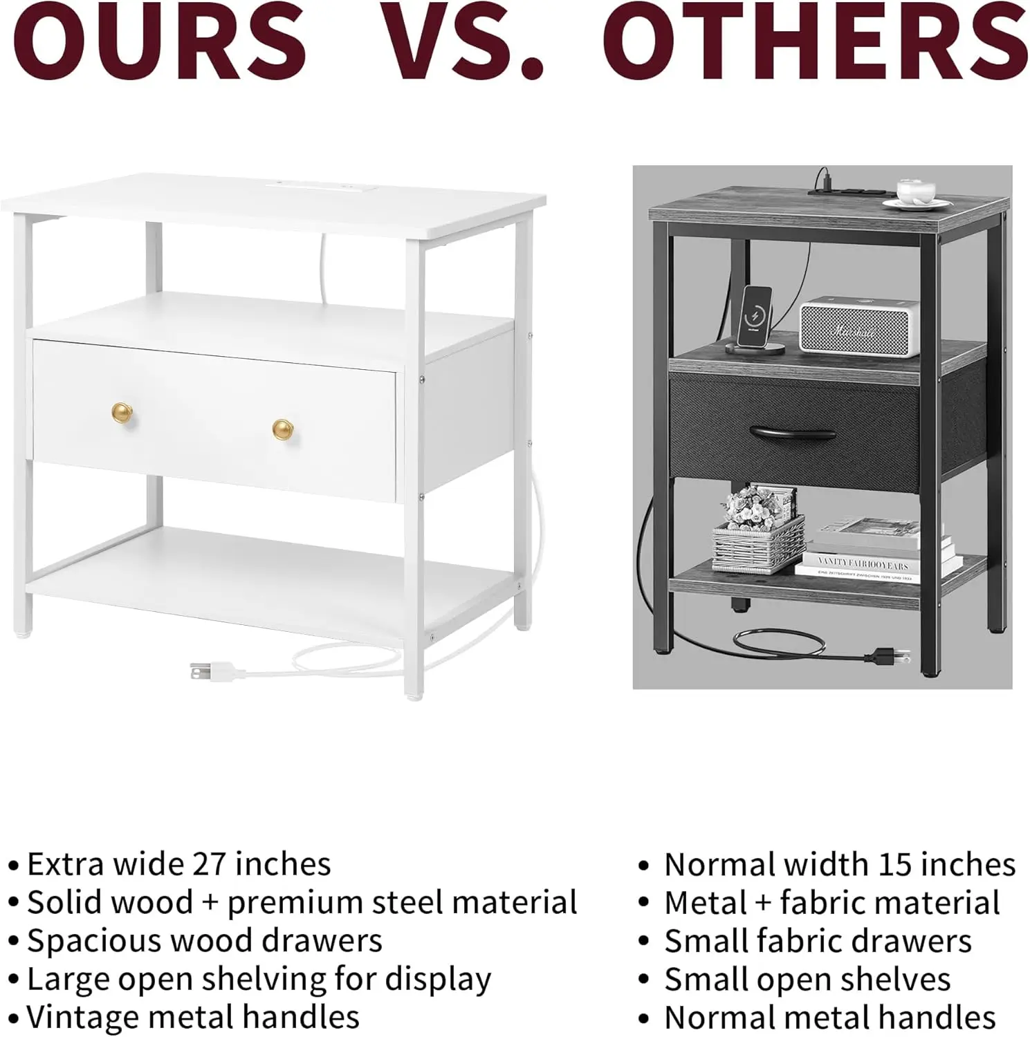 27 inch Nightstand Side Table with 1 Layer of Wooden Drawers，Nightstand with Charging Station,End Table Bedside Table