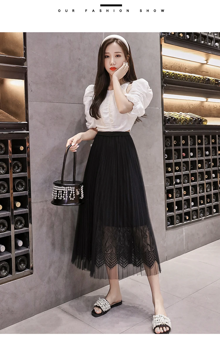 Mesh Crochet Lace Skirts Women Midi Pleated Skirts Apricot Sweet Korean Elastic High Waist Skirt Harajuku Fairy Vintage N131 jean skirt