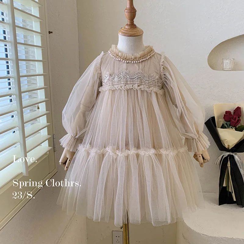 

Girls' Spring And Autumn New Children'S Baby Girl Western Style Lace Splicing Puffy Gauze Princess Dress