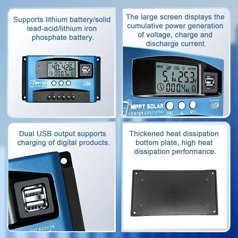 30A 40A 50A 60A 100A 블루투스 Wifi 태양 전지 패널 컨트롤러 2 USB LCD 화면 12V/24V MPPT 태양 전지 패널 배터리 충전 컨트롤러