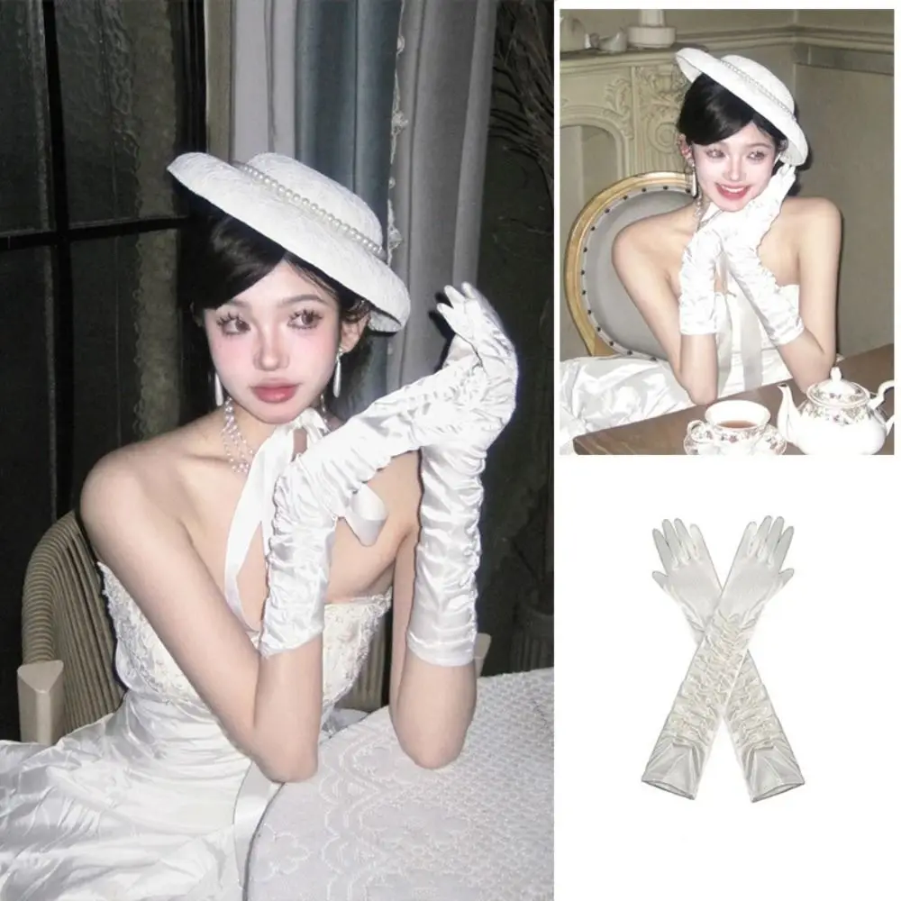 Fashion White Satin Long Gloves Lace Vintage Wedding Bridal Gloves Elastic Sweet Long Finger Mittens Women