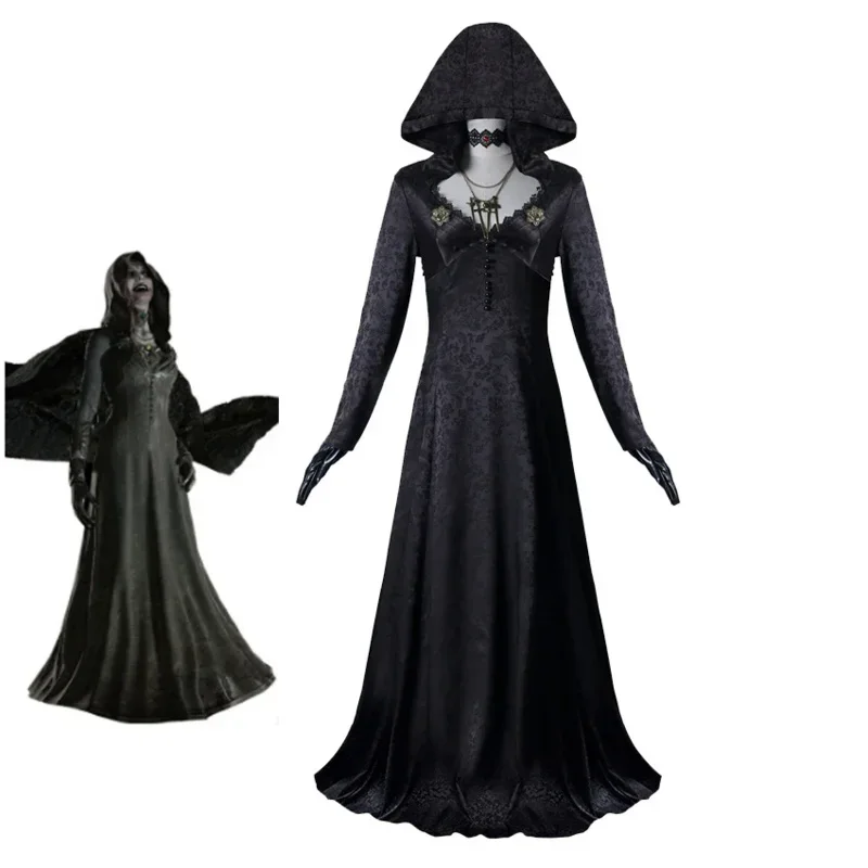 

Takerlama Daughter of Lady Dimitrescu Cosplay Gothic Black Long Dress Hood Vampire Bella Cassandra Medieval Halloween Costume