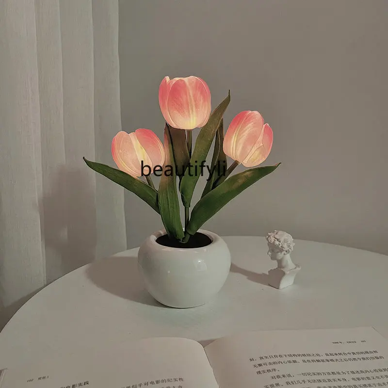 

zqLed Tulip Small Night Lamp Bouquet Imitation Lamp Finished Charging I Decorative Atmosphere Light Women's Day Gift